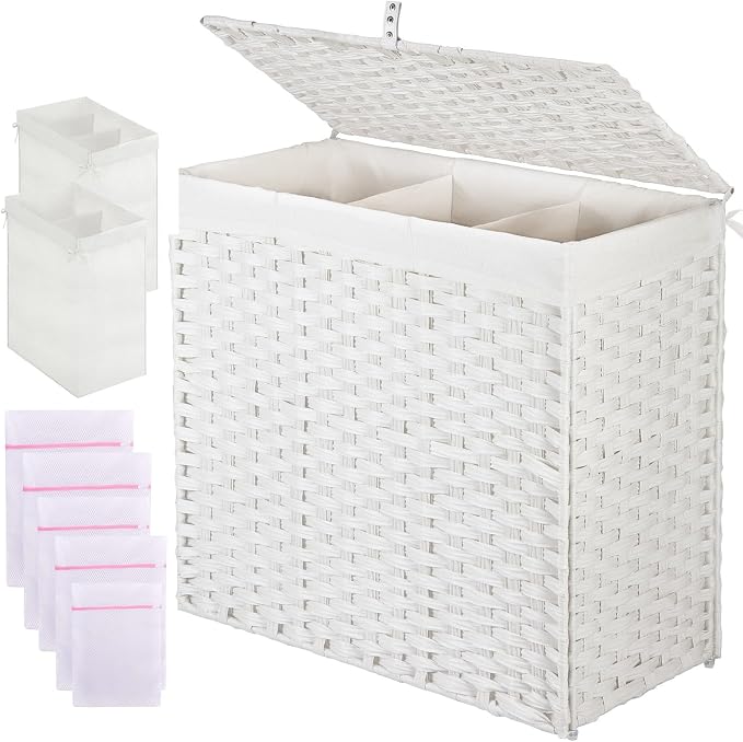 Greenstell Laundry Hamper with Lid, 125L Wicker Laundry Baskets with 2 Removable Liner Bags & 5 Mesh Laundry Bags, Handwoven Rattan Clothes Hamper with Handles for Clothes in Bathroom, Bedroom by Greenstell