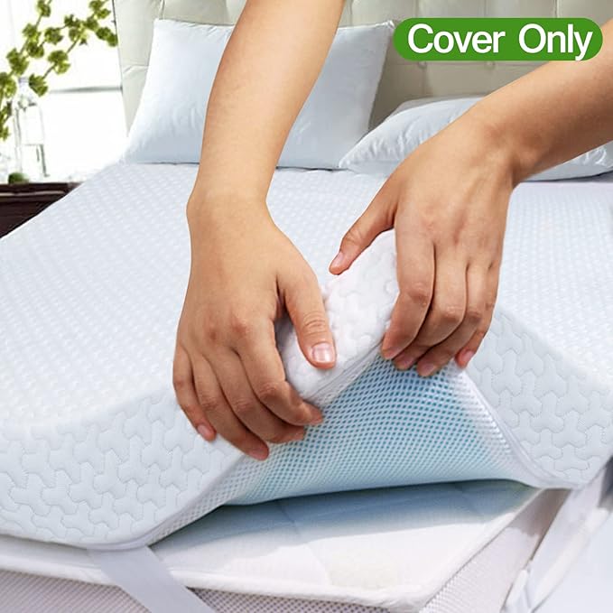 3 Inch Mattress Topper Cover King Size (Only Cover) Cooling Rayon Zippered Cover for Mattress Topper with Adjustable Straps for Latex Memory Foam Mattress Cover