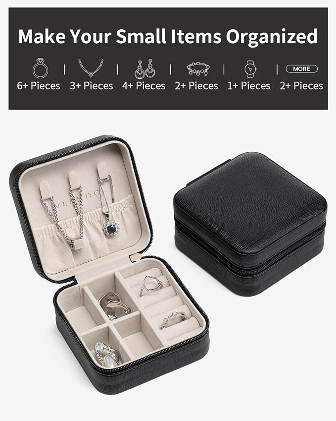 VLANDO Travel Jewelry Box, Small Jewelry Travel Organizer Case for Girls Women - Black - Image 7