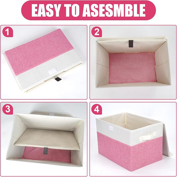 Bagnizer Large 22 Quart Linen Fabric Foldable Storage Bin Cube Organizer Basket with Flip-Top Lid & Handles, Clothes Blanket Box for Home, Office, Closet, Pink & White, 4 Pack 14.6 x 9.5 x 9.5 - Image 3