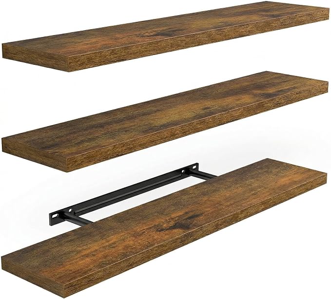 AMADA HOMEFURNISHING 23.6" L Floating Shelves, Wall Shelves Set of 3 for Bathroom/Living Room/Bedroom/Kitchen, Floating Shelves for Wall Decor with Invisible Brackets - AMFS44V, Rustic Brown by AMADAHOMEFURNISHING