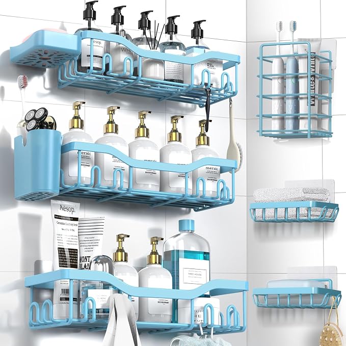 NESOMI Shower Caddy Adhesive Shower Organizer 8-Pack, Rustproof Stainless Steel Bathroom Shelves, Large Capacity No-Drill Rack Storage Accessories with Soap Dish Toothbrush Holder Hooks by OrganizeYourHomeEssentials