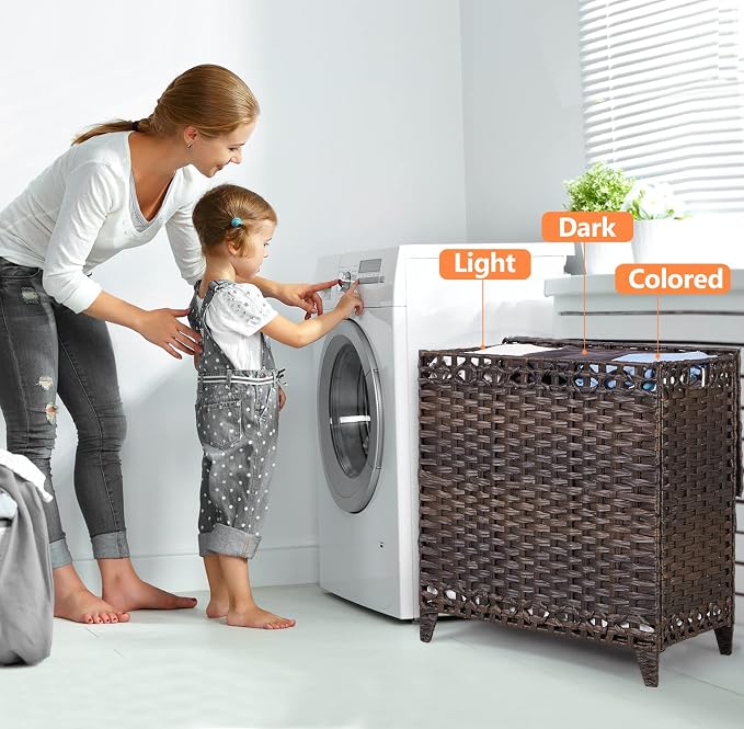 Laundry Hamper with 3 Removable Liner Bags; 132L Handwoven Rattan Laundry Basket with Lid & Heightened Feet; Clothes Hamper with Side Handles; Laundry Sorter with 3 Separate Sections - Image 2