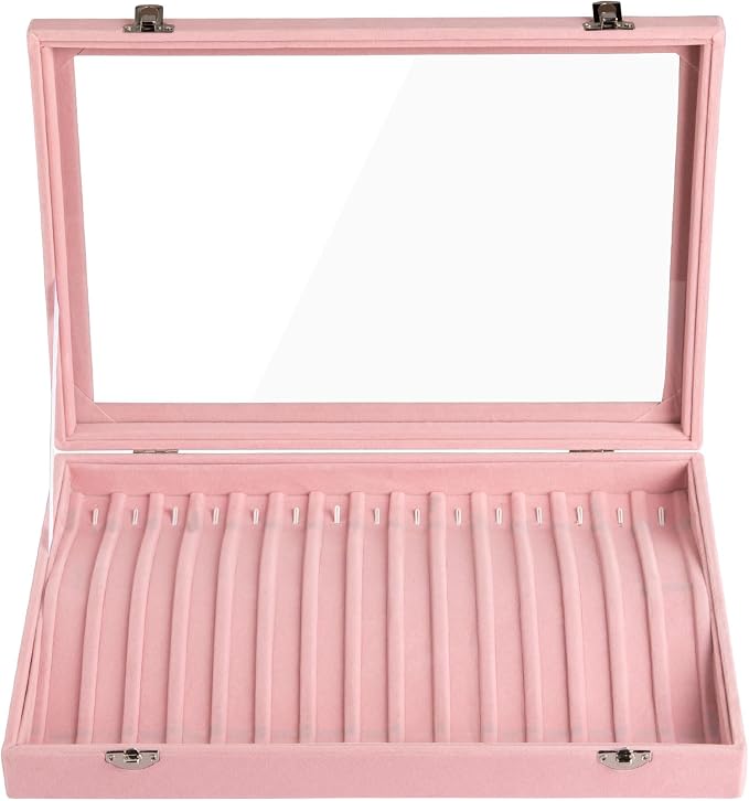 Frebeauty 15 Hooks Necklace Tray Velvet Neckalce Organizer with Clear Lid Lockable Necklace Holder Box Jewelry Organizer for Pendants Chains Necklace Jeweley Tray for Women Girls(Pink) - Image 4