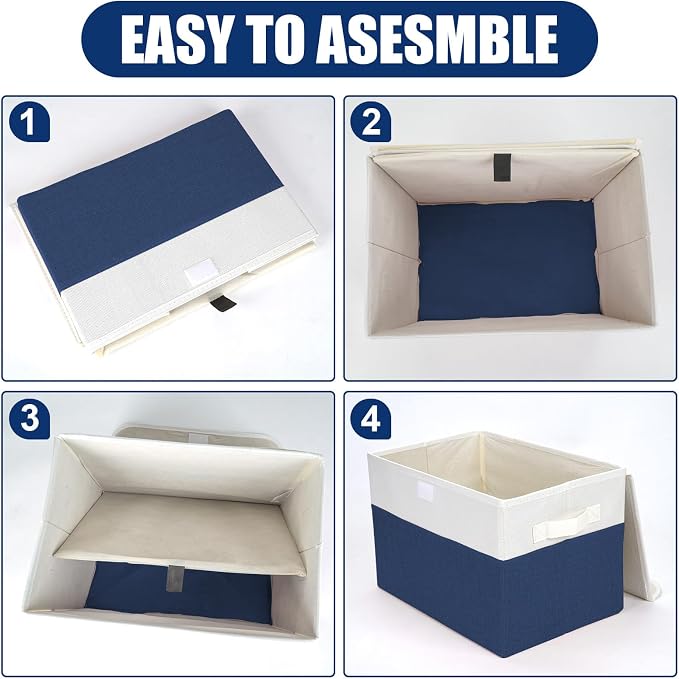 Bagnizer Large 22 Quart Linen Fabric Foldable Storage Bin Cube Organizer Basket with Flip-Top Lid & Handles, Clothes Blanket Box for Home, Office, Closet, Navy Blue & White, 4 Pack 14.6 x 9.5 x 9.5 - Image 3