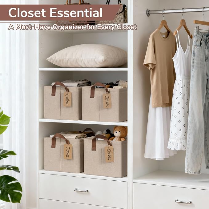 CHICVITA 4 Pack Storage Baskets for Shelves, Foldable Closet Organizer Bins with Handles, Toy Storage Basket for Nursery Living Room, 14.8" x 10.3" x 8.3", Brown - Image 2