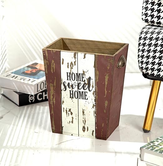 Small Wood Trash Can Wastebasket, Farmhouse Rectangular Garbage Can Waste Basket, Rustic Distressed Wooden Trash Recycling Bin with Metal Handles, Home Sweet Home Wood Storage Basket (Distressed) - Image 6