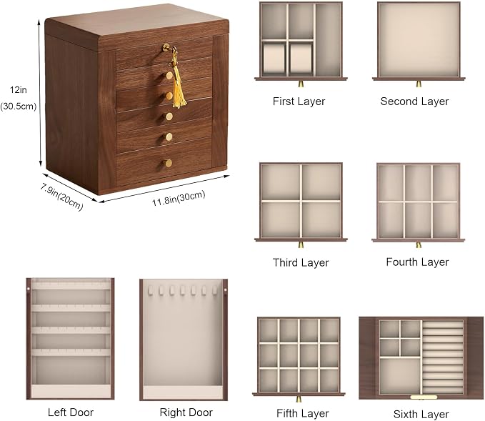 CHOSIN Black Walnut Wooden Jewelry Box, 6-Layer Lockable Wood Jewelry Organizer with Mirror, Side Doors & Brass Handle, Classical Design for Rings, Necklaces, Earrings, Mothers Day Gifts for Mom - Image 3