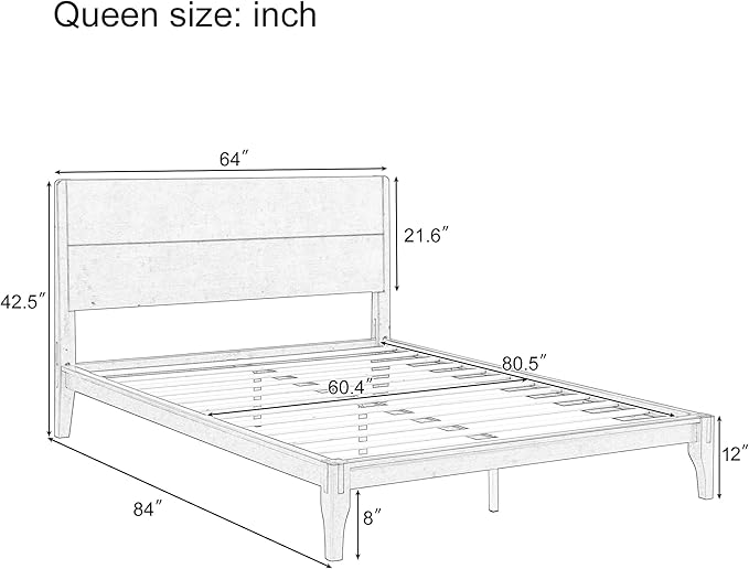Merax Queen Size Bamboo Platform Bed, Mid-Century Modern Bed Frame with Tall Headboard, Solid Sustainable Bedframe Queen-Size, Wood Slat Support, No Box Spring Needed, Easy Assembly, Natural