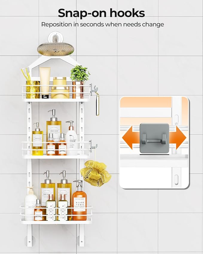 ODesign 3 Tier Height-Adjustable Shower Caddy Hanging Anti-Swing-Over The Shower Head Caddy-Storage Organizer Bathroom Shelves Basket - White - Image 8