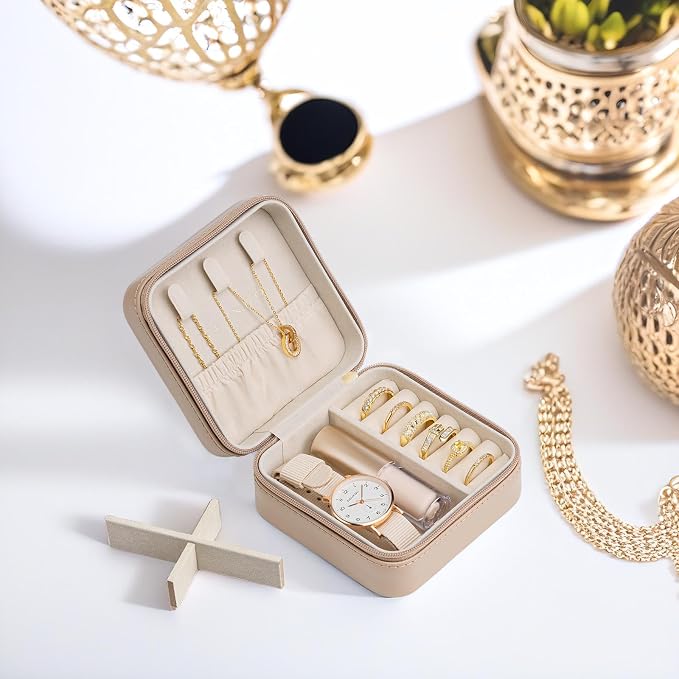 VLANDO Small Travel Jewelry Box Organizer Display Case for Girls Women Gift Rings Earrings Necklaces Storage, Latte - Image 4