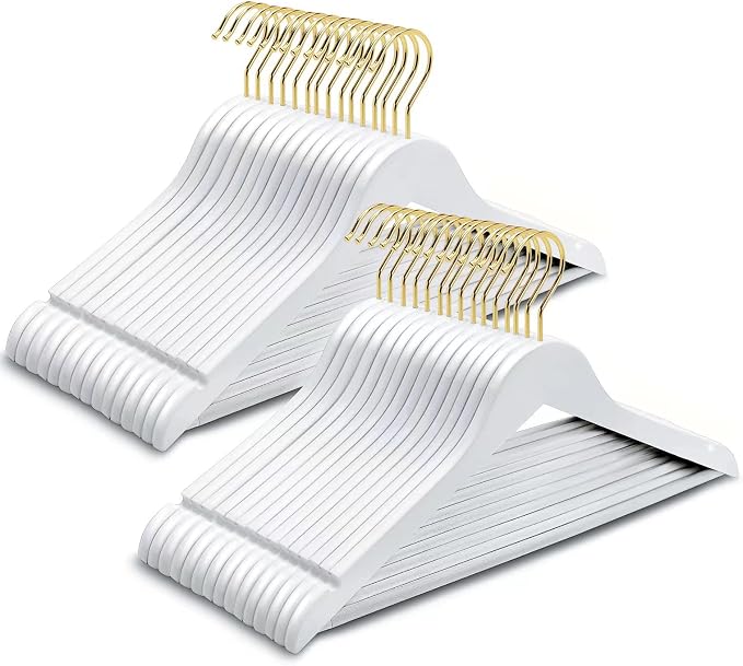 Amber Home 20 Pack White Wooden Coat Hangers with Gold Hook, White Wood Suit Hangers with Non-Slip Pant Bar, Clothes Hangers for Closet Organization, Shirts, Jackets, Dresses and Pants (White+Gold,20) by AmberHome
