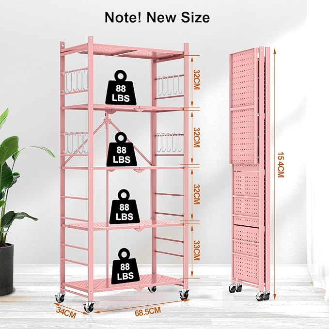 Himix Storage Shelves with 20 Hooks, 5-Tier Foldable Shelves for Storage, Folding Shelf Unit Pantry Shelves with Wheels, Standing Shelving Unit for Kitchen Garage Home Office Room Greenhouse, Pink - Image 3