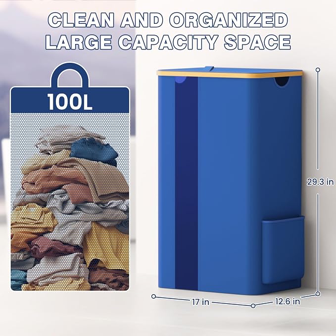 BlissTotes 100L Bamboo Laundry Hamper with Lid, Breathable Mesh Bag & Window, Portable, Moisture Resistant, Blue - Image 4