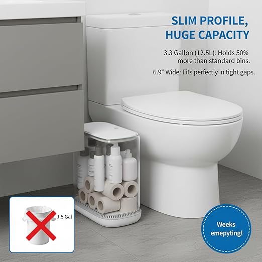 MOPALL Dog Proof Trash Can with Lid, 3.3 Gallon Slim Bathroom Garbage Bin with Inner Bucket, Fits Standard 4 Gallon Bags, Odor Sealing Diaper Pail for Nursery, Modern White Waste Basket, 6.9" Wide - Image 6