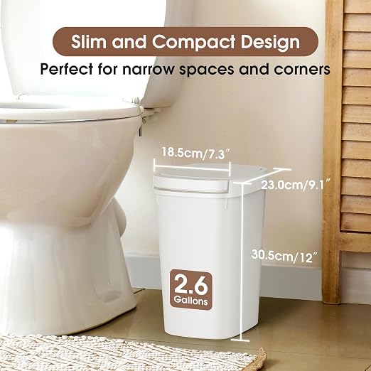 CEROELDA 3 Pack Bathroom Trash Can with Lid, 10L/2.6 Gal Small Garbage Can with Press Top Lid, Slim Plastic Waste Basket for Toilet, Office, Bedroom (White, 3 Pack) - Image 2