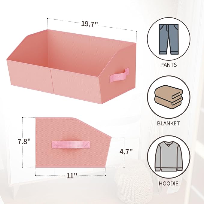 Homsorout Storage Bins for Shelves - Large Trapezoid Closet Shelf Organizer, Fabric Organization Bins with Handles, Storage Baskets for Clothes, Towel, Purse, 4 Pack, Pink - Image 2