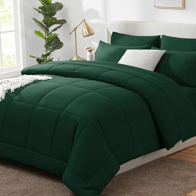 CozyLux Oversized Queen Comforter Sets Emerald Green, 7 Pieces Bed in a Bag, Ultra-Soft All Season Bedding Sets with Stitch Quilted Comforter, Flat Sheet, Fitted Sheet, Pillowcases