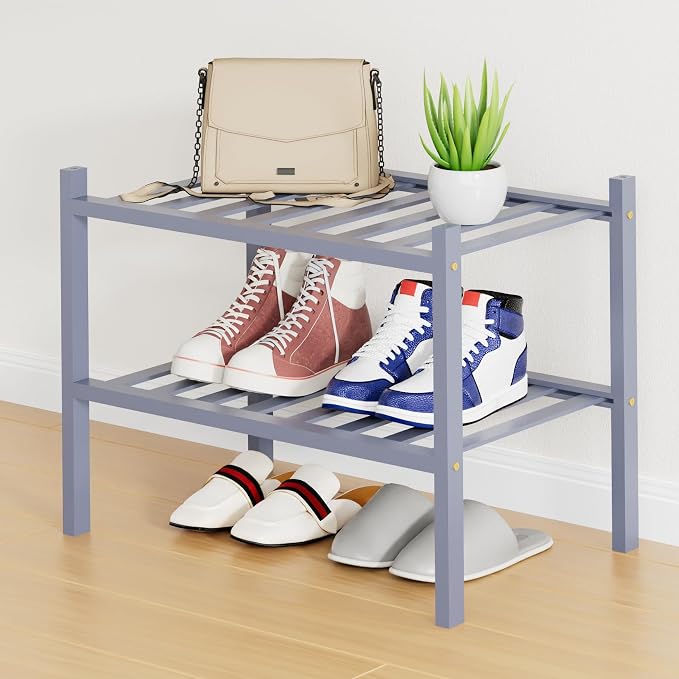 Smiry Shoe Rack, 2 Tier Small Bamboo Shoe Organizer, Stackable Free Standing Wooden Shoe Storage Shelf for Closet, Entryway, Front Door Entrance, Grey by Smiry