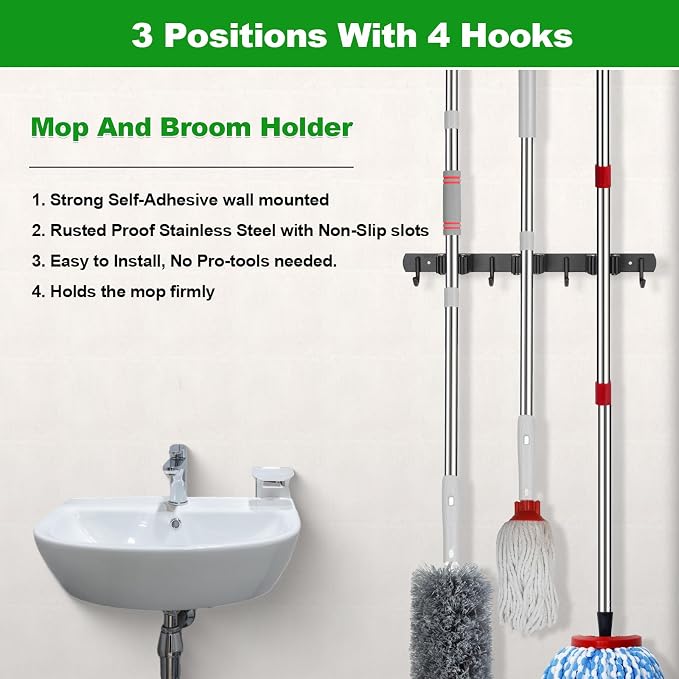 voze 3 Racks and 4 Hooks Mop and Broom Holder Wall Mount, Self Adhesive Heavy Duty Broom Organizer Storage Tool Racks for Kitchen Garden Laundry Garage - Image 3