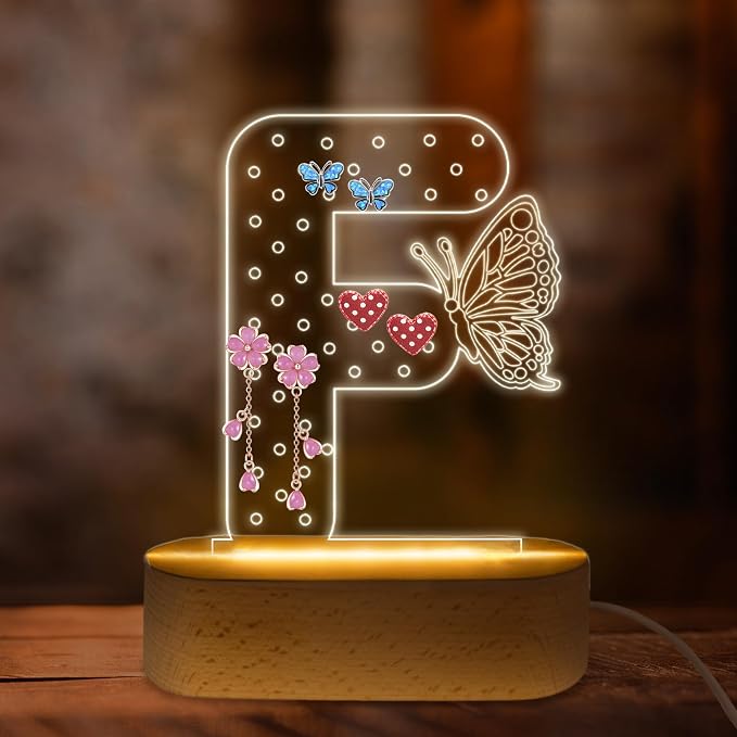 COSHAYSOO Initial Acrylic Earring Holder Organizer for Women Teen Girls with Butterfly Decorations LED Night Light Personalized Trendy Gifts for Daughter 16 th 18th Birthday Jewelry Stand Letter F by COSHAYSOO