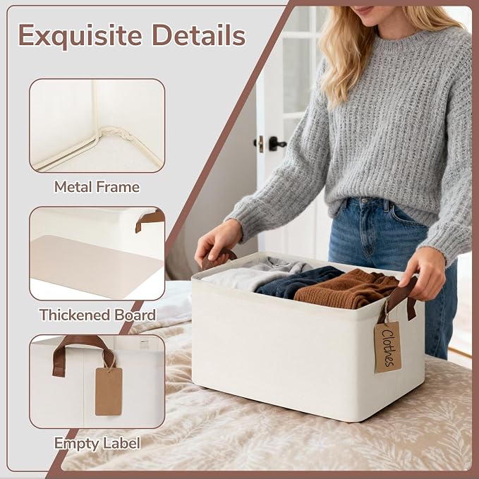 CHICVITA 4 Pack Storage Baskets for Shelves, Collapsible Fabric Closet Baskets for Organizing, Shelf Bins with Metal Frame, Clothes Towel Organizer for Closet, 14.8" x 10.3" x 8.3", Beige - Image 5