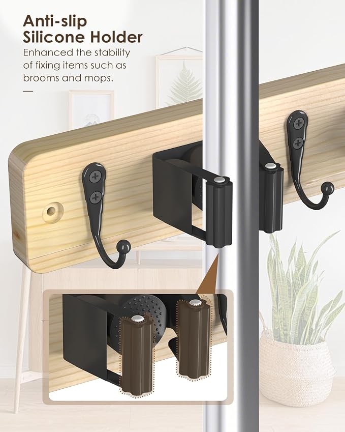 Broom Holder Wall Mounted, Light Wood 4 Holders and 4 Hooks Mop Holder, Wooden Mop and Broom Holder with Anti slip rubber, Natural pine wood Brush Holder, Mop Wall Holde with Nail installation - Image 3
