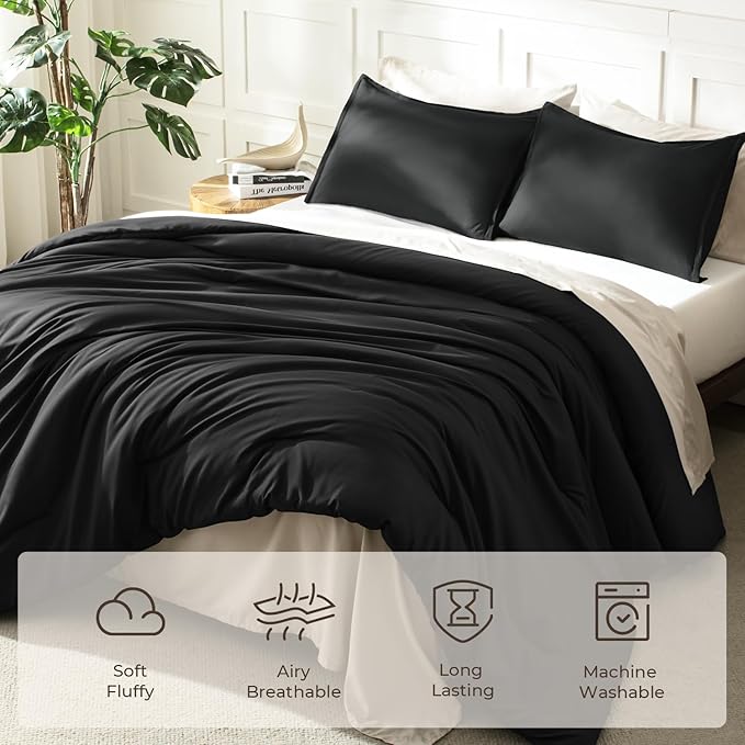 Litanika Black Comforter Set Queen Size, 3 Pieces Lightweight Solid Bedding Comforter Set, All Season Fluffy Bed Set (90x90In Comforter & 2 Pillowcases)