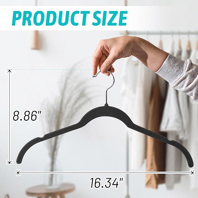 Sishynio Premium Velvet Hangers 50 Pack - Space-Saving Closet Organizer for Clothes, Non-Slip Flocked Design, Ideal for Shirts and Coats (Black) - Image 6