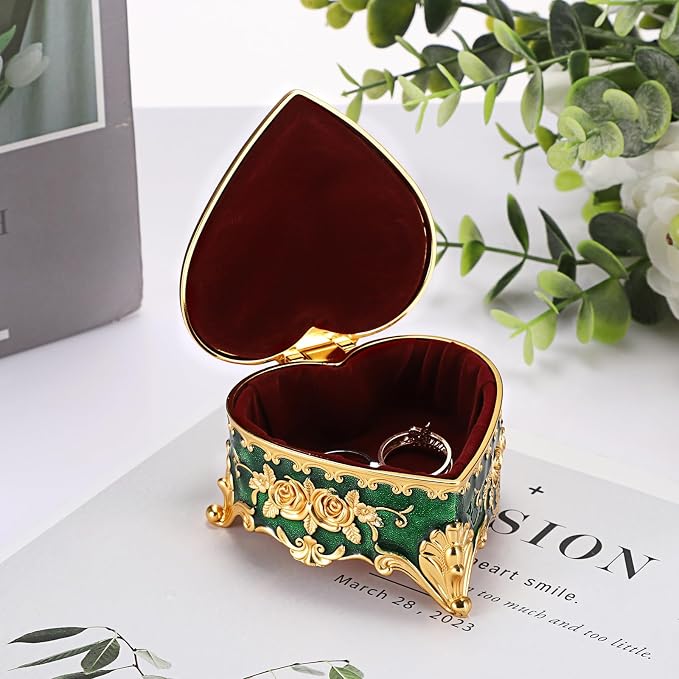 Hipiwe Vintage Jewelry Storage Box Heart Shaped Trinket Box Green Decorative Keepsake Box with Rose Pattern Treasure Organizer Holder for Women - Image 2