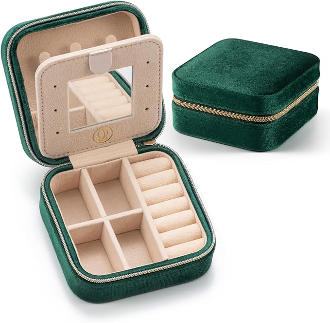 Plush Velvet Jewelry Travel Case,Small Jewelry Box,Traveling Jewelry Organizer,Portable Jewellery Storage Holder for Rings Earrings Necklace Bracelet, for Girls Women | Green-Mirror by VOMNA