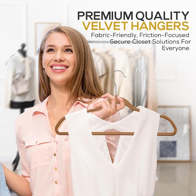 Techzoo 50 Pack New Premium Quality Velvet Hangers Ultra Thin Non Slip Adult Felt Space Saving Hangers for Closet Heavy Duty Coat Pants Jackets Dress Hangers 360° Swivel Hook Hold Upto 10 lbs Bronze - Image 5