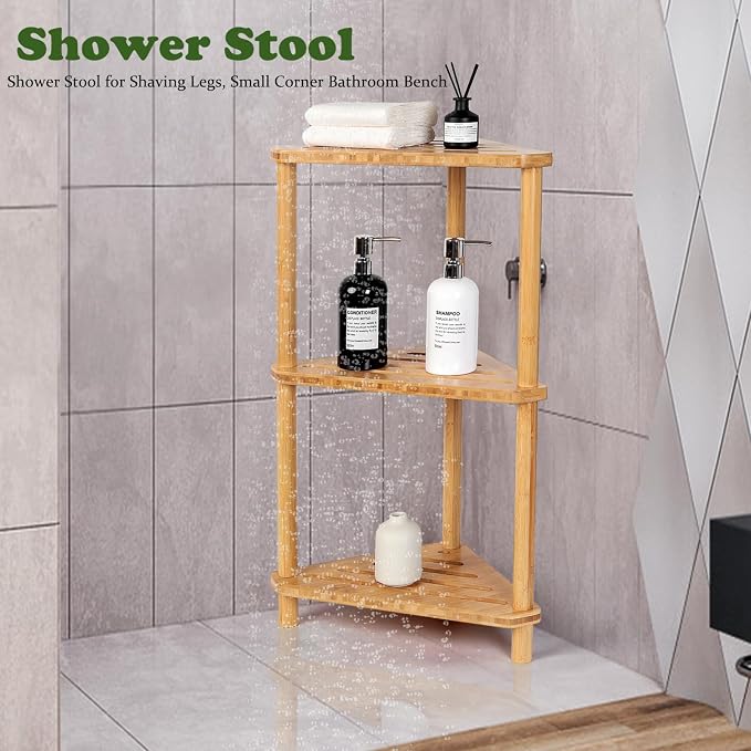 Bamboo Corner Shower Caddy Stand 3-Tier Waterproof,Free Standing Bathroom Corner Shelf Shower Stool Organizer for Inside Shower,Space-Saving Storage Shower Shelves with Anti-Slip Feet - Image 5