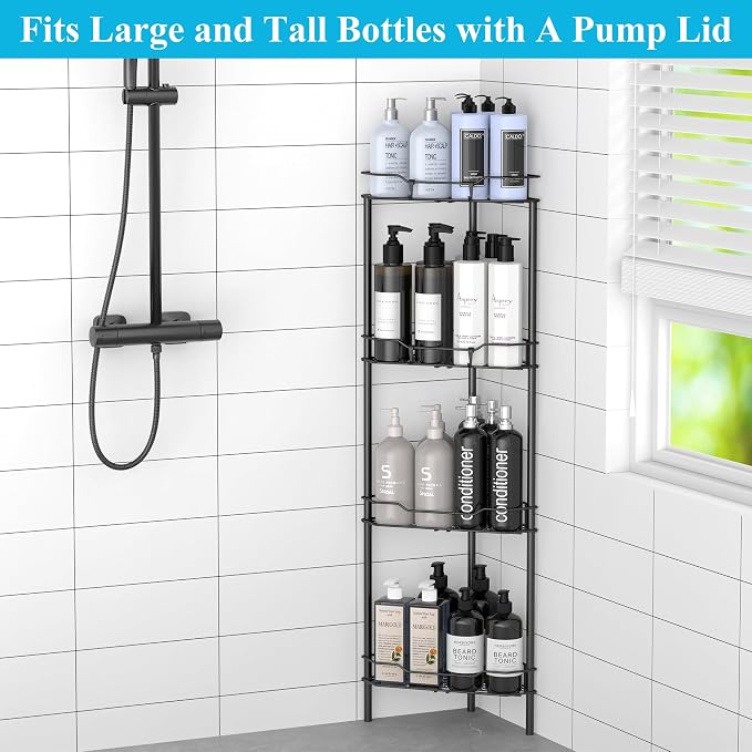 HuggieGems 4 Tier Floor Standing Corner Shower Caddy Organizer Shelf with Hooks, Bathroom Shelves Stand Rack, Black - Image 4