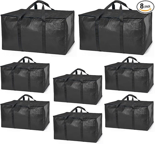 ClearSpace Heavy Duty Moving Bags or Storage Bags – Black Storage Bins with Lids, Large Moving Boxes with Backpack Straps & Zippers,– Packing Box & Moving Supplies for College Dorm, 8 Pack