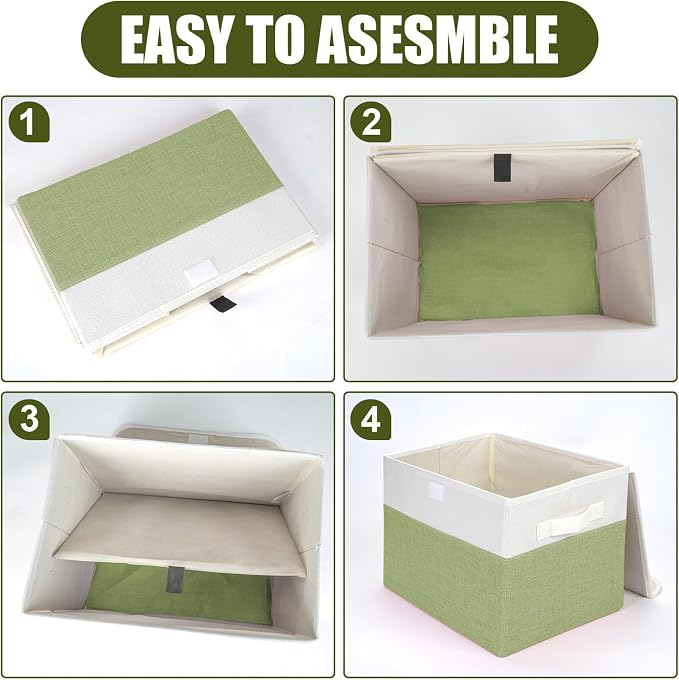 Bagnizer Large 22 Quart Linen Fabric Foldable Storage Bin Cube Organizer Basket with Flip-Top Lid & Handles, Clothes Blanket Box for Home, Office, Closet, Green & White, 4 Pack 14.6 x 9.5 x 9.5 - Image 3
