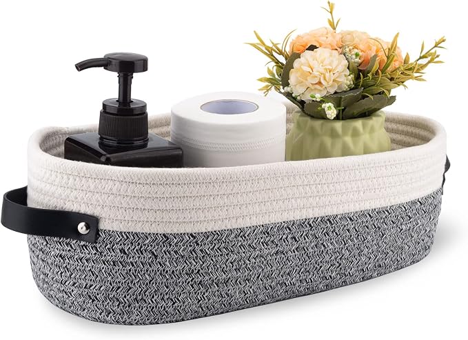 Small Cotton Rope Woven Basket Toilet Paper Baskets for Organizing Decorative Basket for Boho Decor Small Storage Basket 13"x5.9"x4" Variegated Gray&White by Oradrem