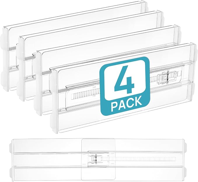 Vtopmart 4 Pack Drawer Dividers for Clothes, 4" High 10.2"-16.5" Adjustable Expandable Dresser Drawer Organizer, Clear Plastic Separators for Dresser, Baby Clothing, Underwear, Cosmetic, Toiletries by Vtopmart