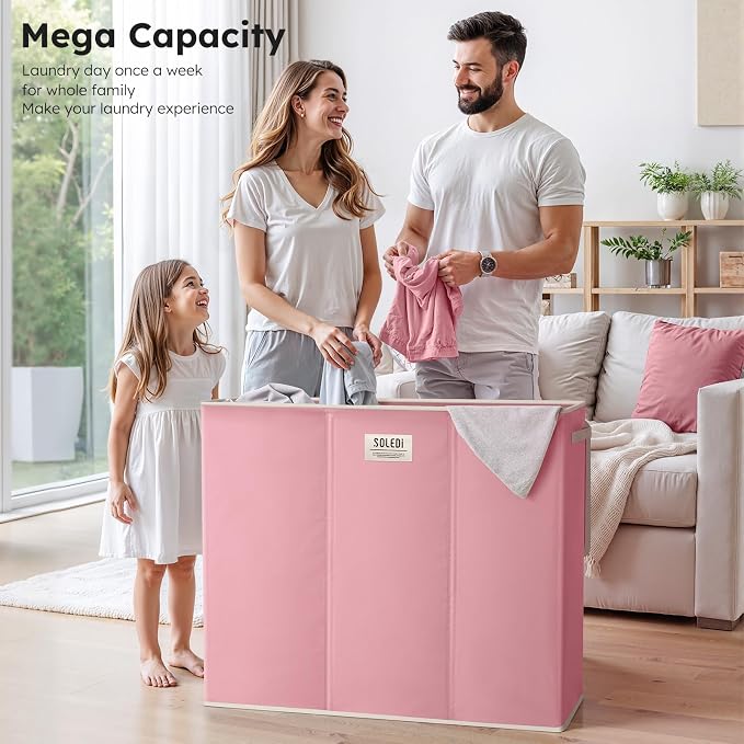 SOLEDI 180L 3-Section Laundry Hamper with Lid, Extra Large Dirty Clothes Basket with Sturdy Handles for Laundry Room & Bedroom - Durable Organizer for Sorting Laundry - Image 2
