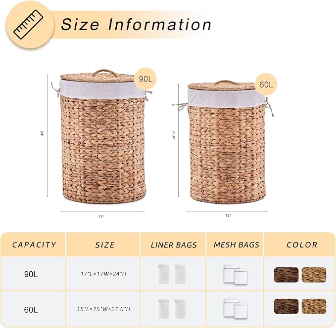 Round Water Hyacinth Laundry Hamper with Lid Handwoven Wicker Basket with Handles for Dirty Clothes, Storage, and Organization Ideal for Bedroom, Bathroom, and Laundry Room, No Assembly Required, 2Pcs - Image 2
