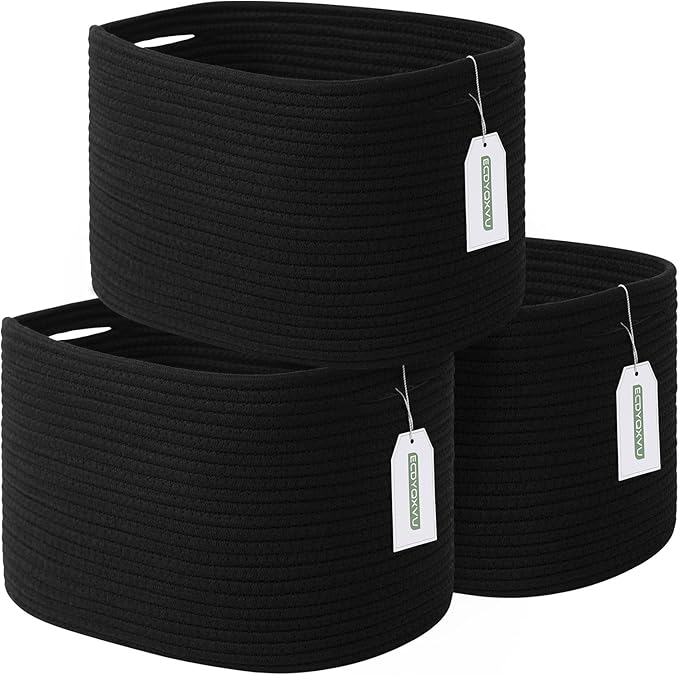 ECDYQXVU Cotton Rope Storage Basket, 15x10x9 Inches, Woven Basket for Shelves, Clothes, Towels, Books, and Laundry, Black (3 Pack) by ECDYQXVU