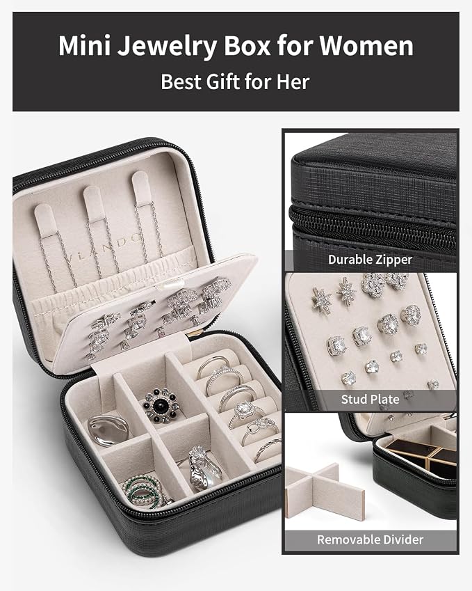 VLANDO Travel Jewelry Case, Small Travel Jewelry Organizer Box for Girls Women - Black - Image 3