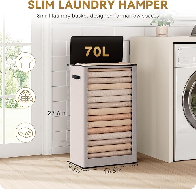 SOLEDI Slim Laundry Hamper with Lid, Narrow Laundry Basket with Removable Bags, Dirty Clothes Hamper with handle, Small Hamper perfect for Laundry room, Bathroom, Bedroom, Small spaces.Light taupe - Image 5