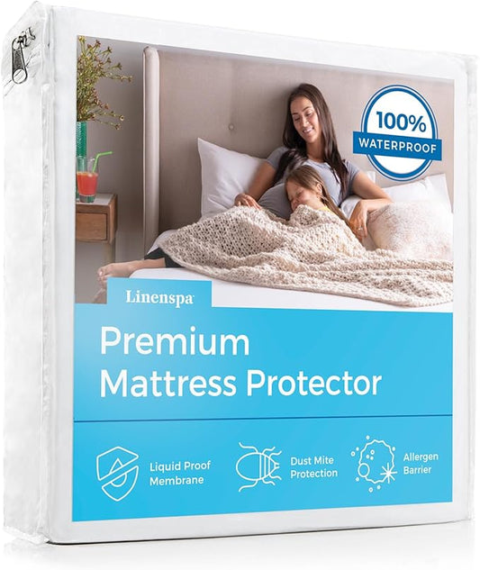 Linenspa Waterproof Mattress Protector, Full Size – Fitted Sheet Style, Breathable, Machine Washable & Dryer Safe, White