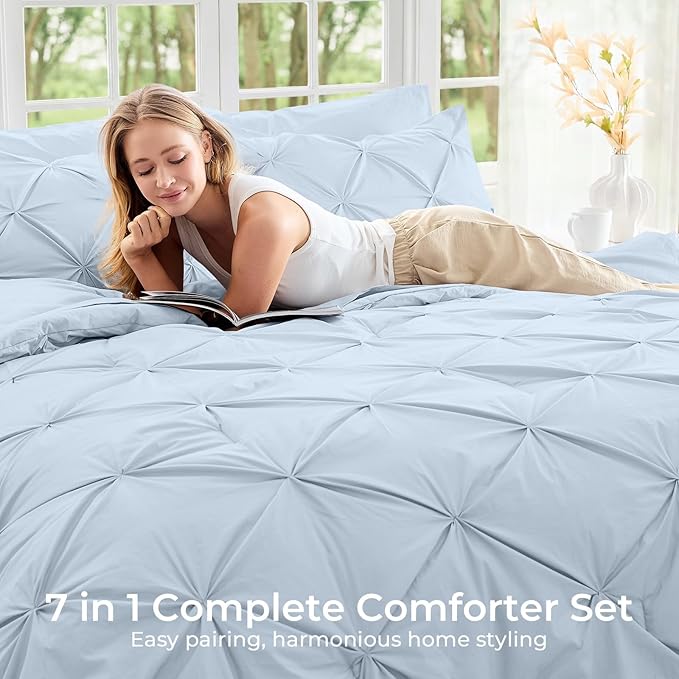 Sasttie California King Comforter Set, 7-Piece Bed in a Bag, Pintuck Bedding Sets for All Season, Includes Comforter, Flat Sheet, Fitted Sheet, Pillowcases and Pillowshams, Light Blue