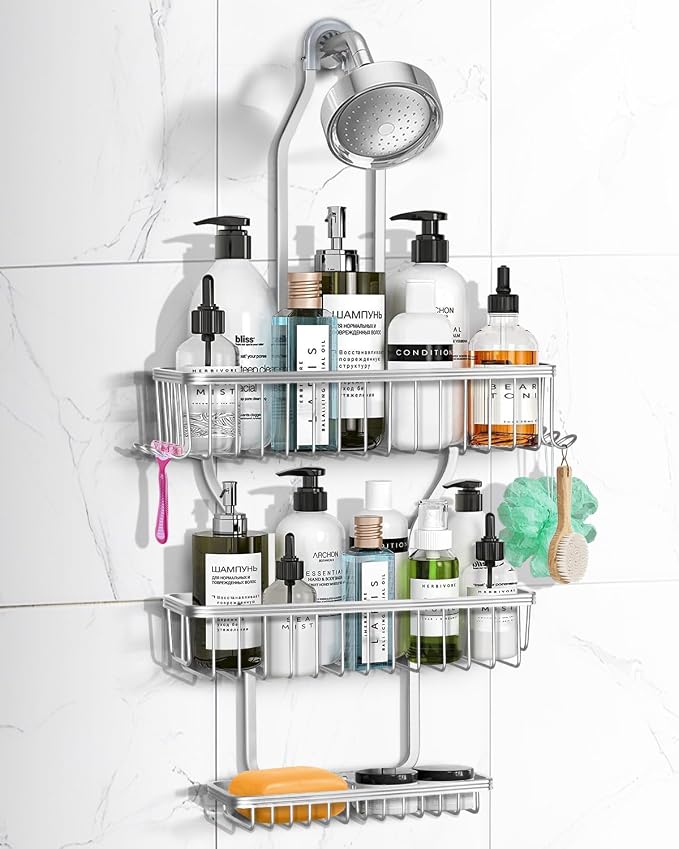 Shower Caddy Hanging - Never Rust Shower Hanging Organizer - Aluminum Over the ShowerHead Caddy with 6 Hooks for Razor/Sponge (Silver) by MSAICOE
