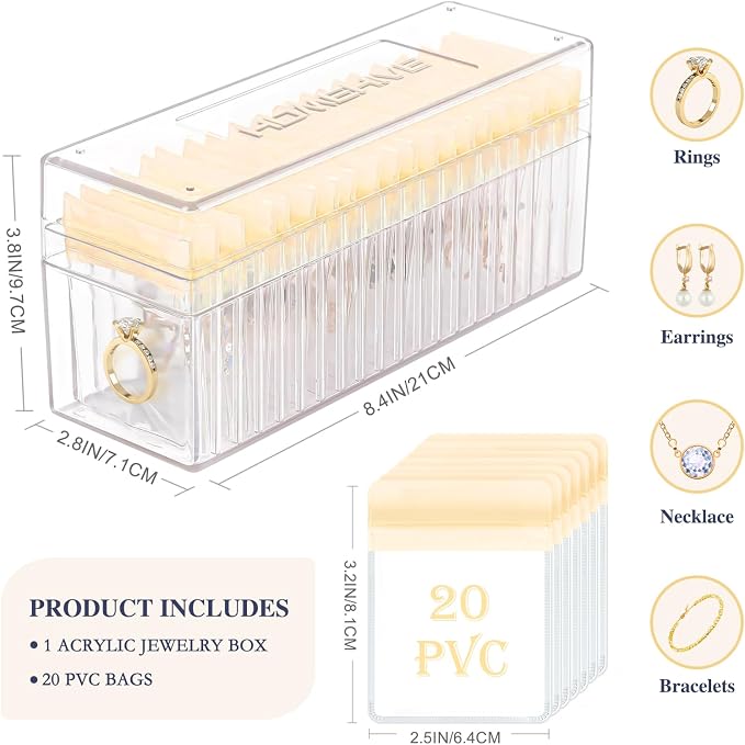HOMEHIVE Acrylic Jewelry Box Organizer, Clear Jewelry Organizer Holder with 20 Portable Anti Tarnish Jewelry bags, Travel Jewelry Case for Earrings/Rings/Necklaces for Women Girls, Yellow - Image 4