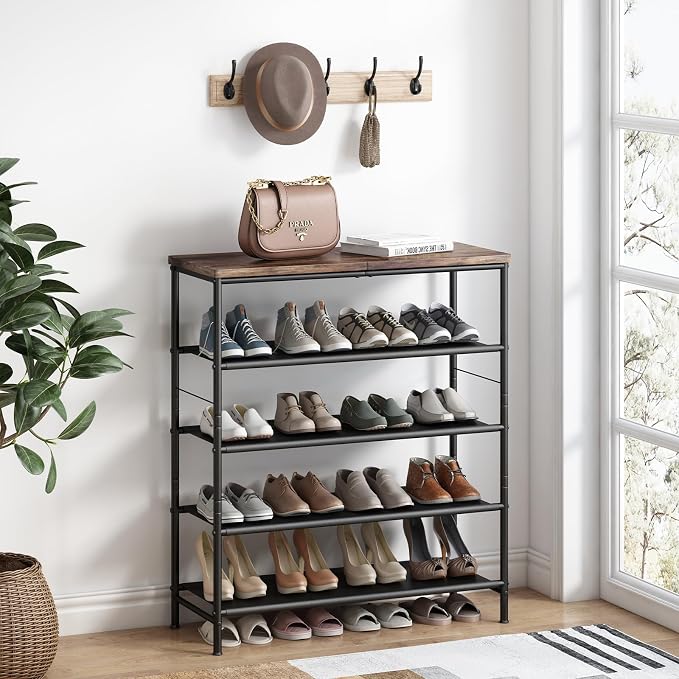 INGIORDAR Shoe Rack Organizer 5 Tier Metal Organizer Shelf with Industrial MDF Board and Layer Fabric for Entryway Closet Bedroom Living Room Garage,Black & Rustic Brown (Black+Rustic Brown, 5 Tier) - Image 3