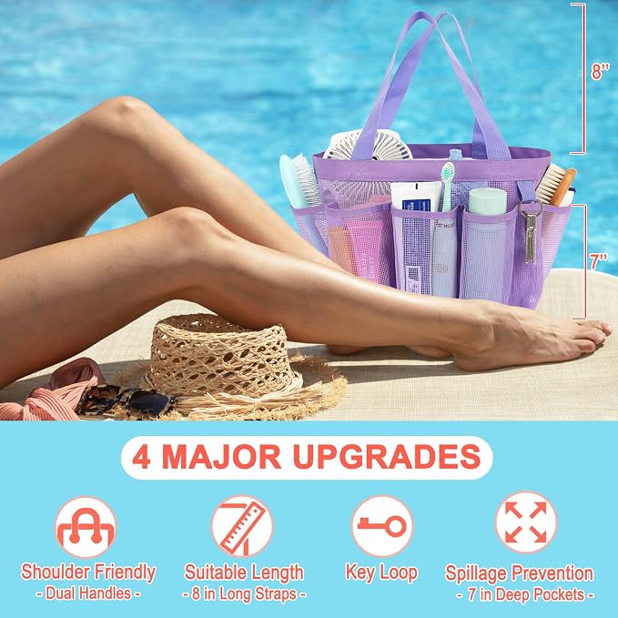 Fammart Mesh Shower Caddy Portable for College Dorm Room Essentials, 8-Pocket Large Shower Basket Tote Bag with 2 Handles for Toiletry, Bathroom, Beach, Camp, Gym - Image 3