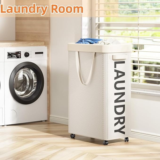 Optish 2 Pack Rolling Laundry Basket with Wheels, 90L Hamper with Wheels and Removable Mesh Bag, White Laundry Baskets on Wheels for Bedroom, Dorm, Clothes Hamper Organizer - Image 2
